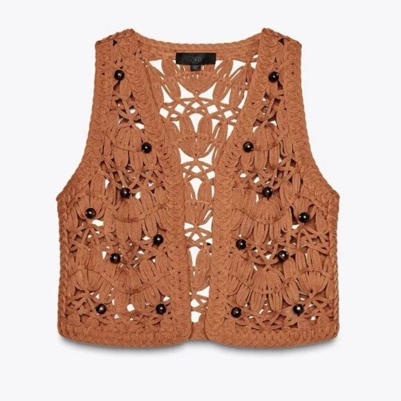 🌞 ZARA Beaded Knit Vest Macrame Terracotta Rust Orange Brown Crochet S - Picture 1 of 15